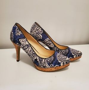 Nine West Blue & White Paisley 4 Inch Cork Heels, 9M